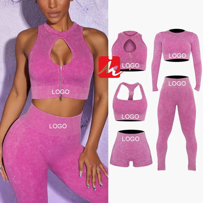 여성 5피스 스포츠 브라 및 레깅스 원활한 늑골이 있는 피트니스 세트 스포츠웨어